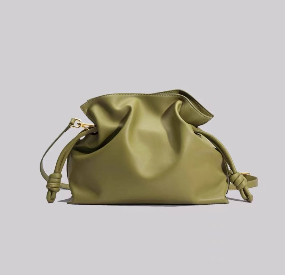 Beige Leather Drawstring Pouch Bag 2026