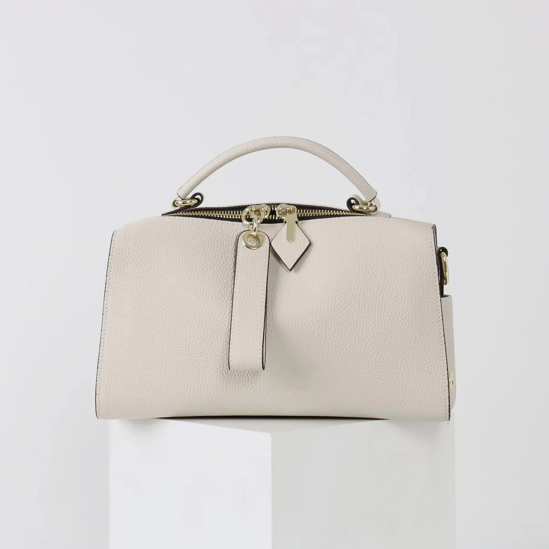 Beige Leather Bowling Tote