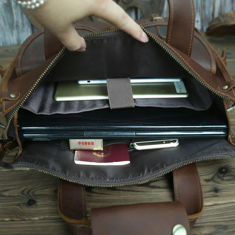 Crazy Horse Leather Messenger Briefcase for Men - 15 Inch Laptop Bag