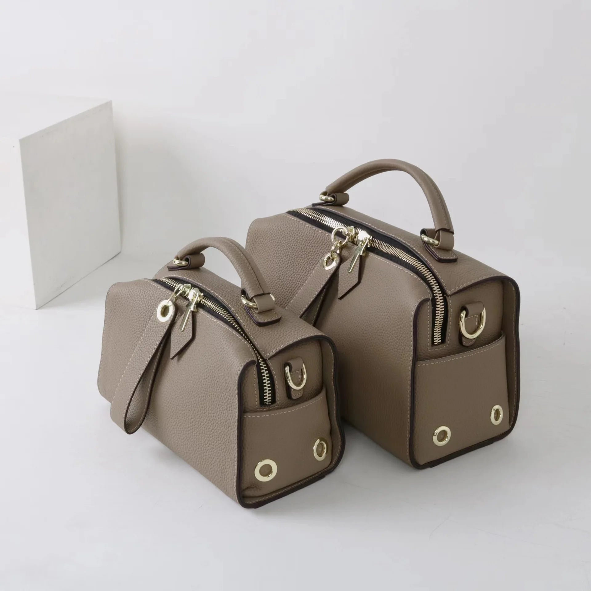 Beige Leather Bowling Tote