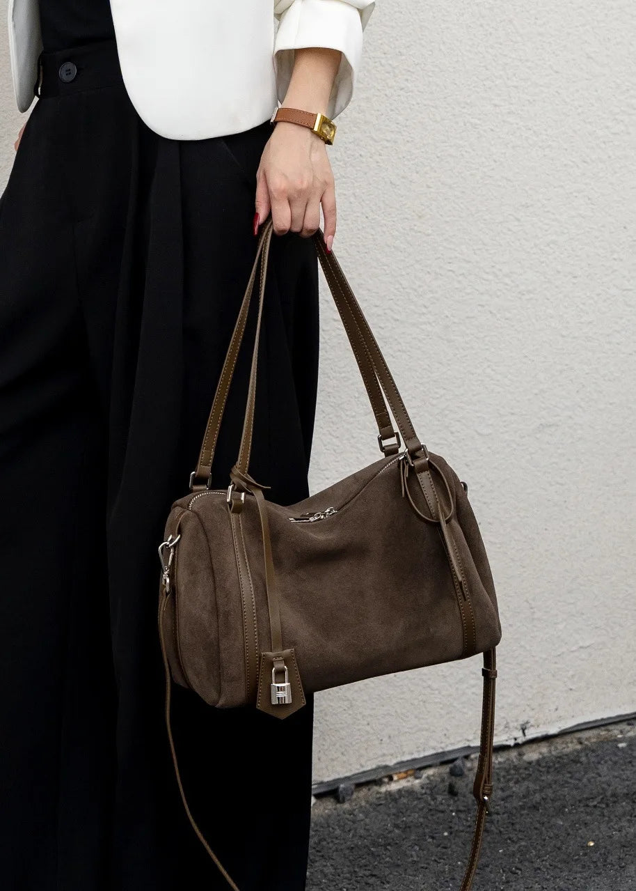 Black Suede Boston Tote Bag 2026