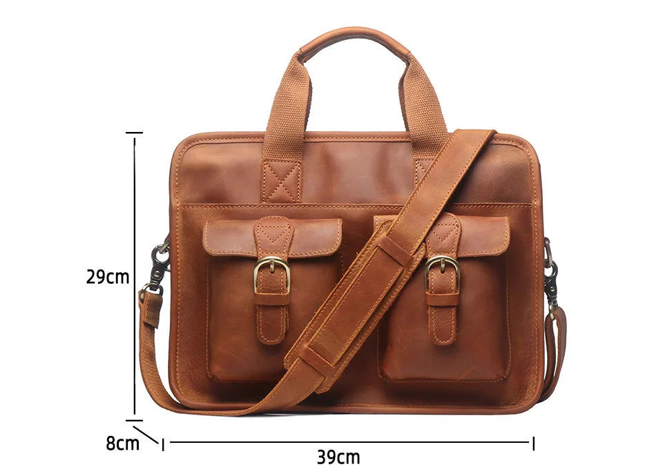 Leather Briefcase – 14 Inch Laptop Bag with Shoulder Strap