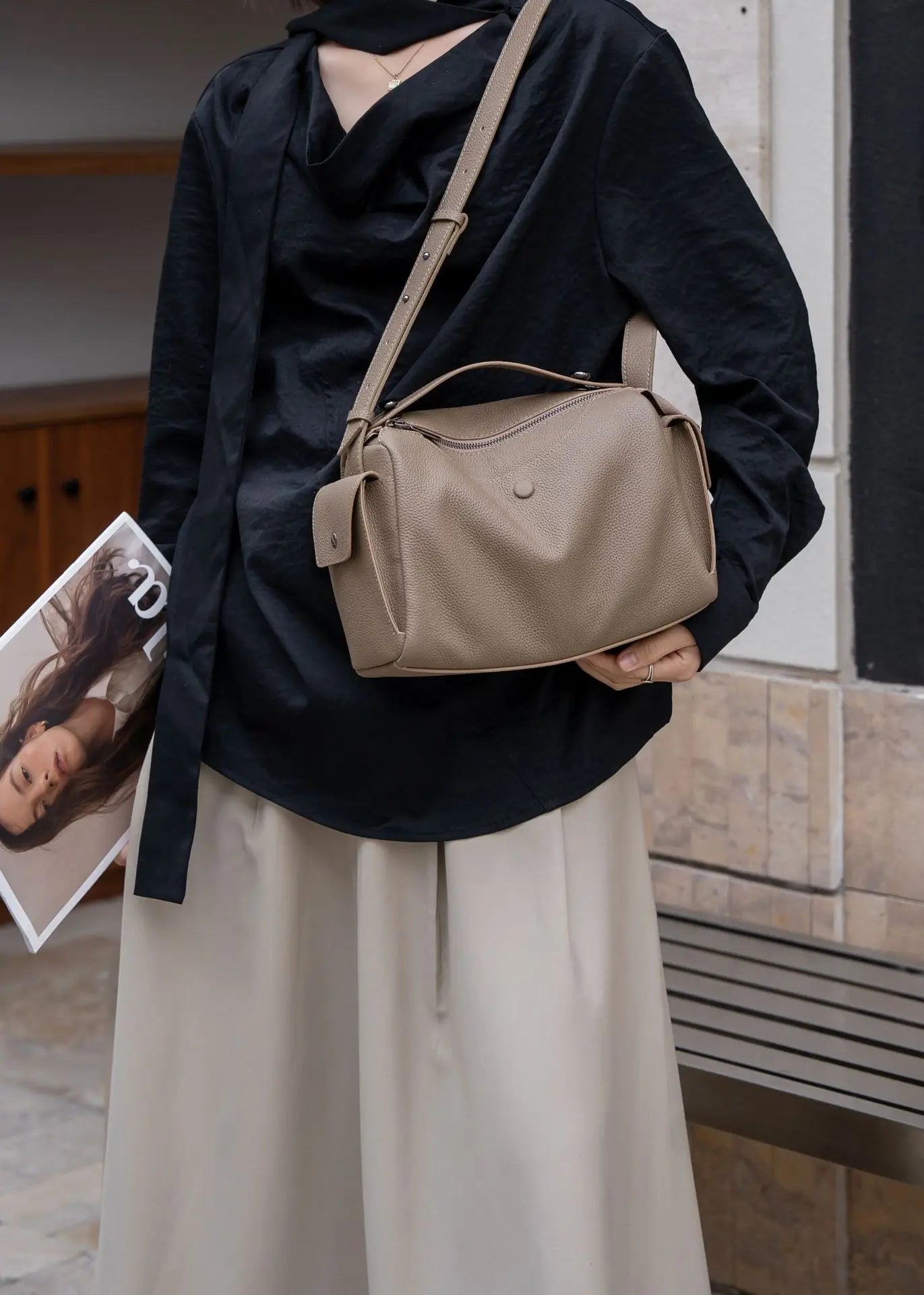 Beige Togo Leather Boston Tote - KQ Premium 2026