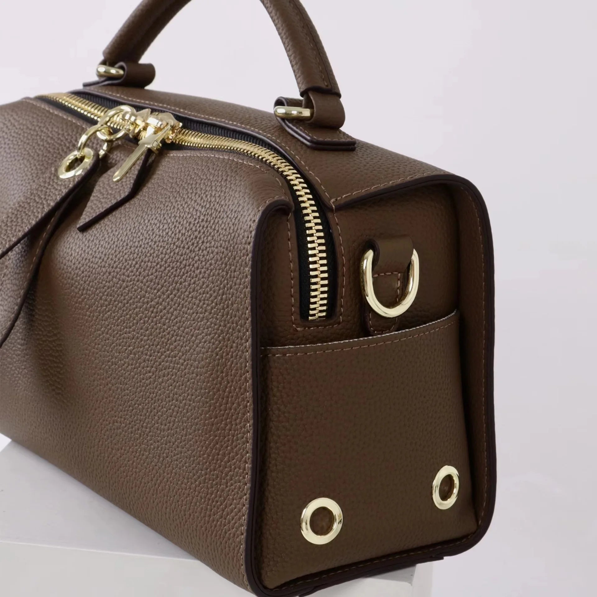 Beige Leather Bowling Tote