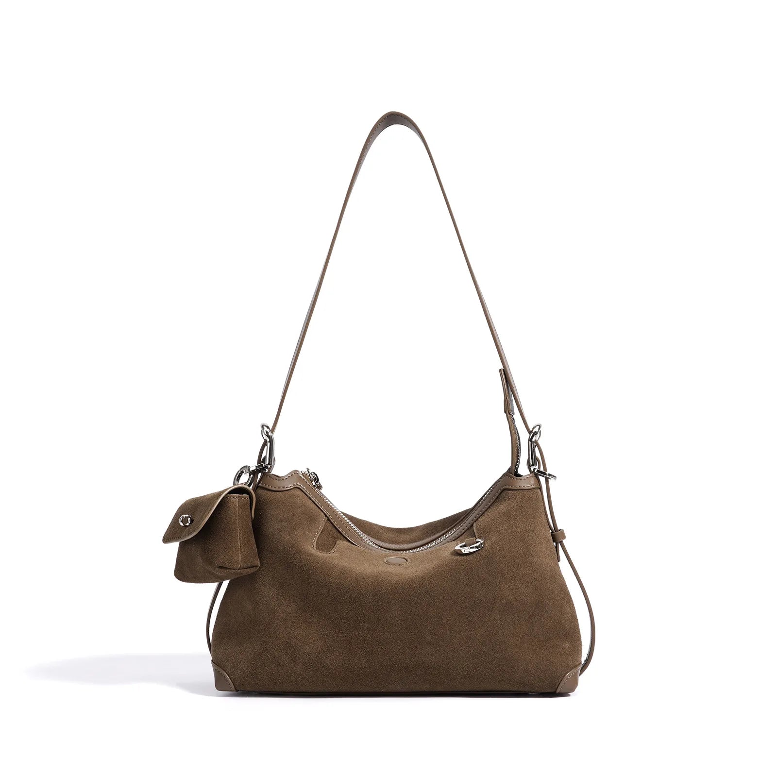 Baguette Crossbody with Keyring - Coffee Suede
