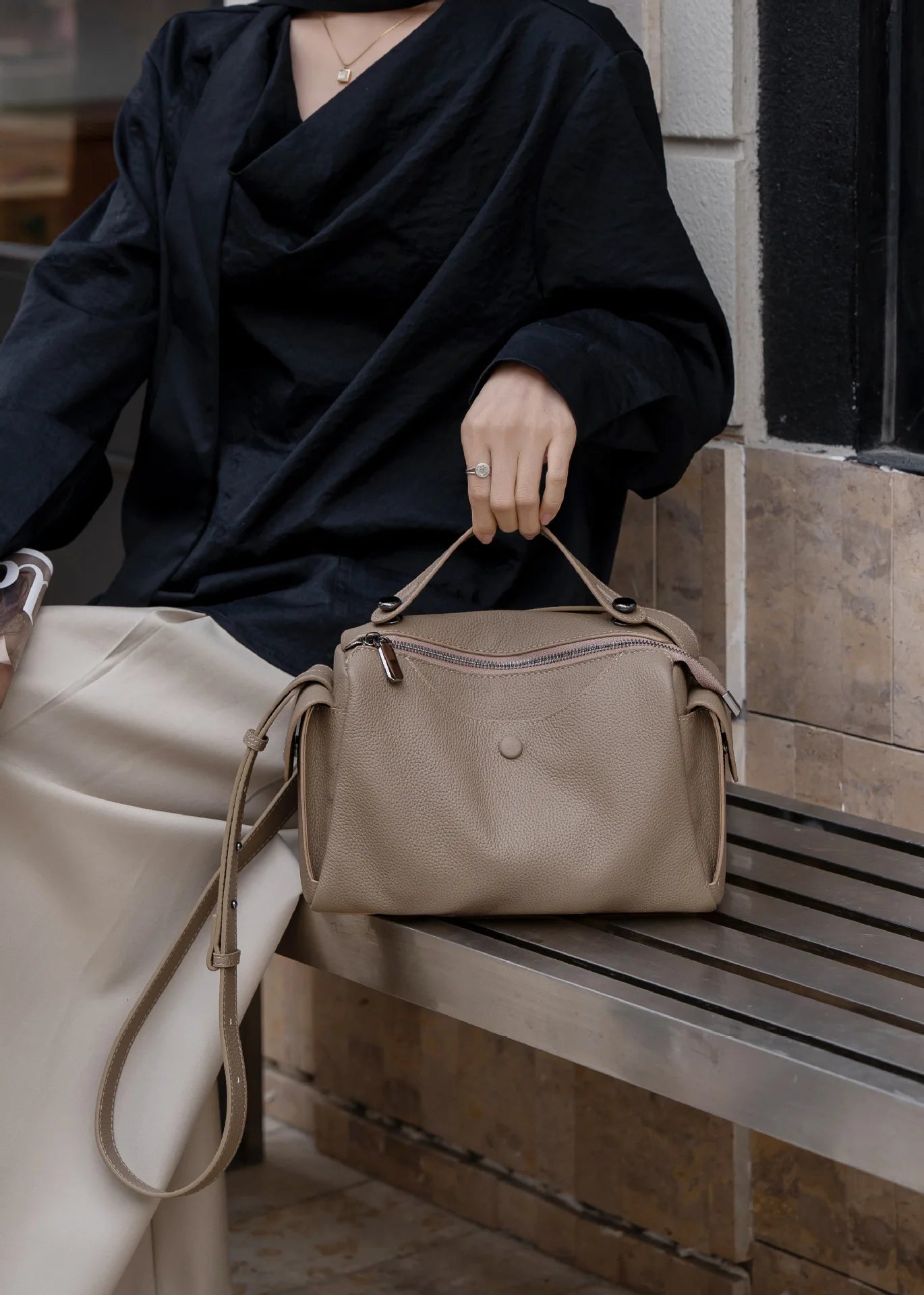 Beige Togo Leather Boston Tote - KQ Premium 2026