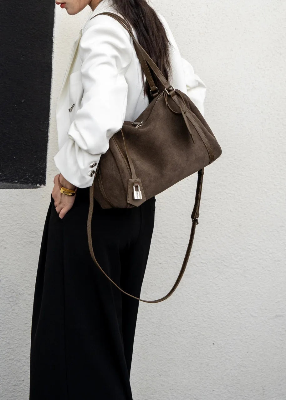 Black Suede Boston Tote Bag 2026