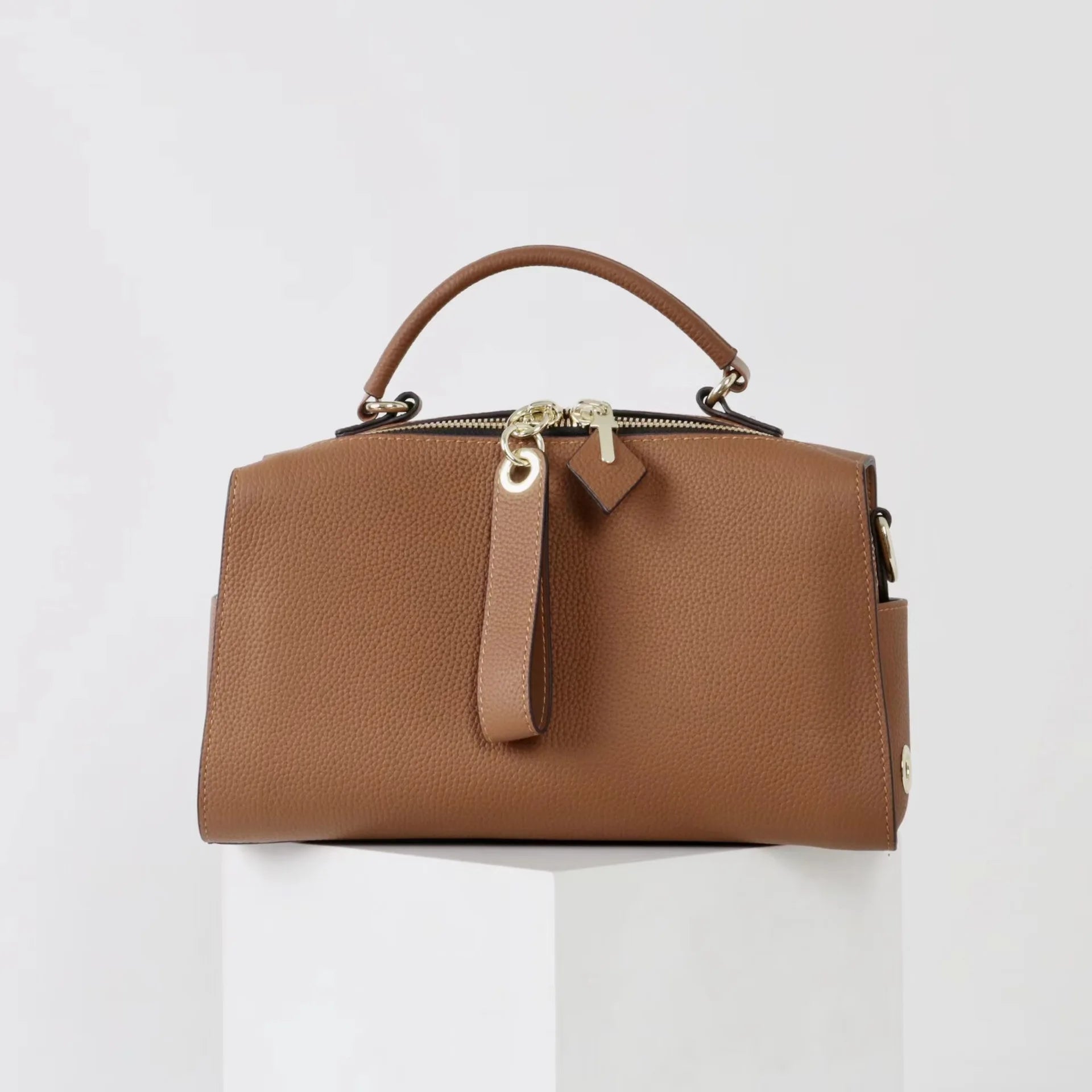 Beige Leather Bowling Tote