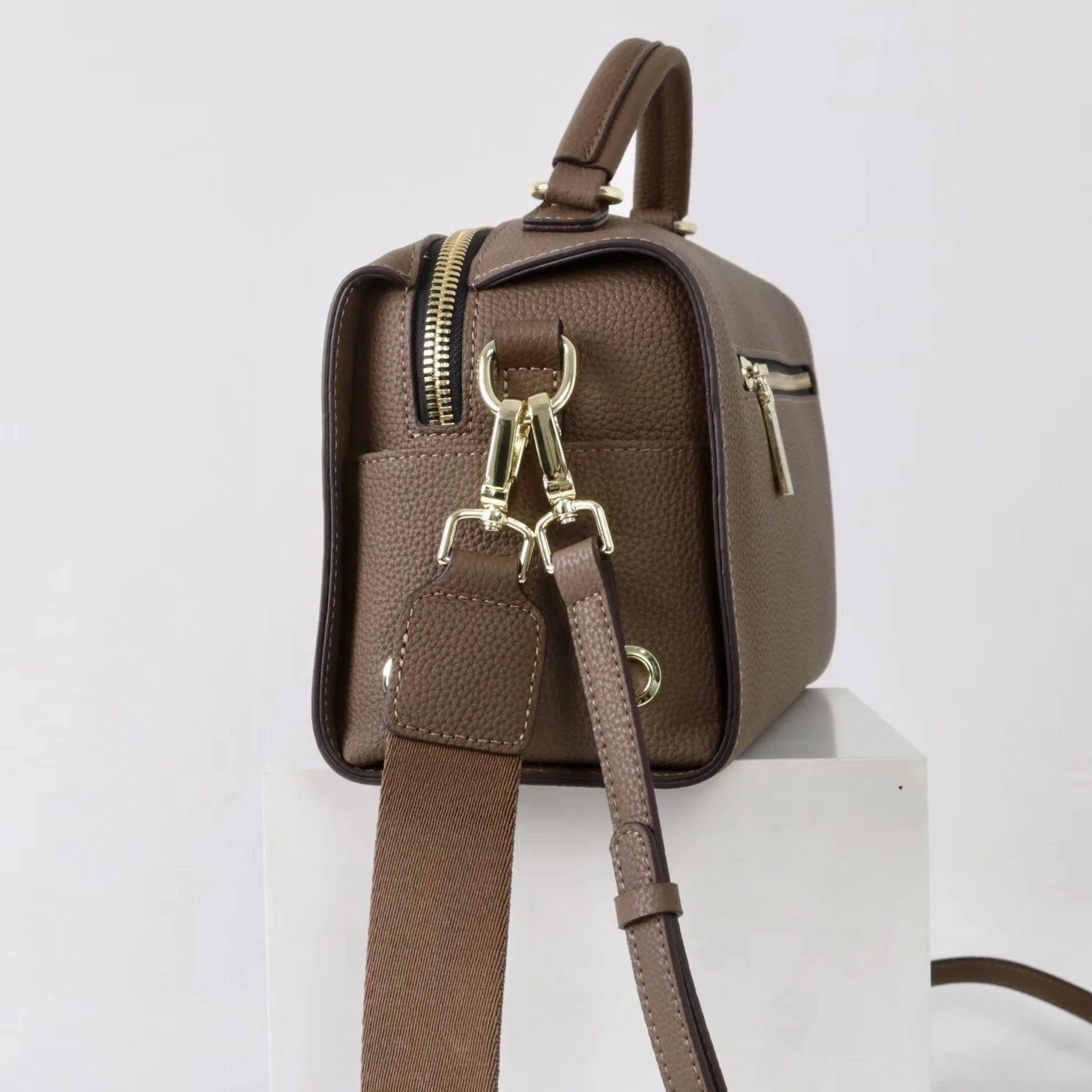 Beige Leather Bowling Tote