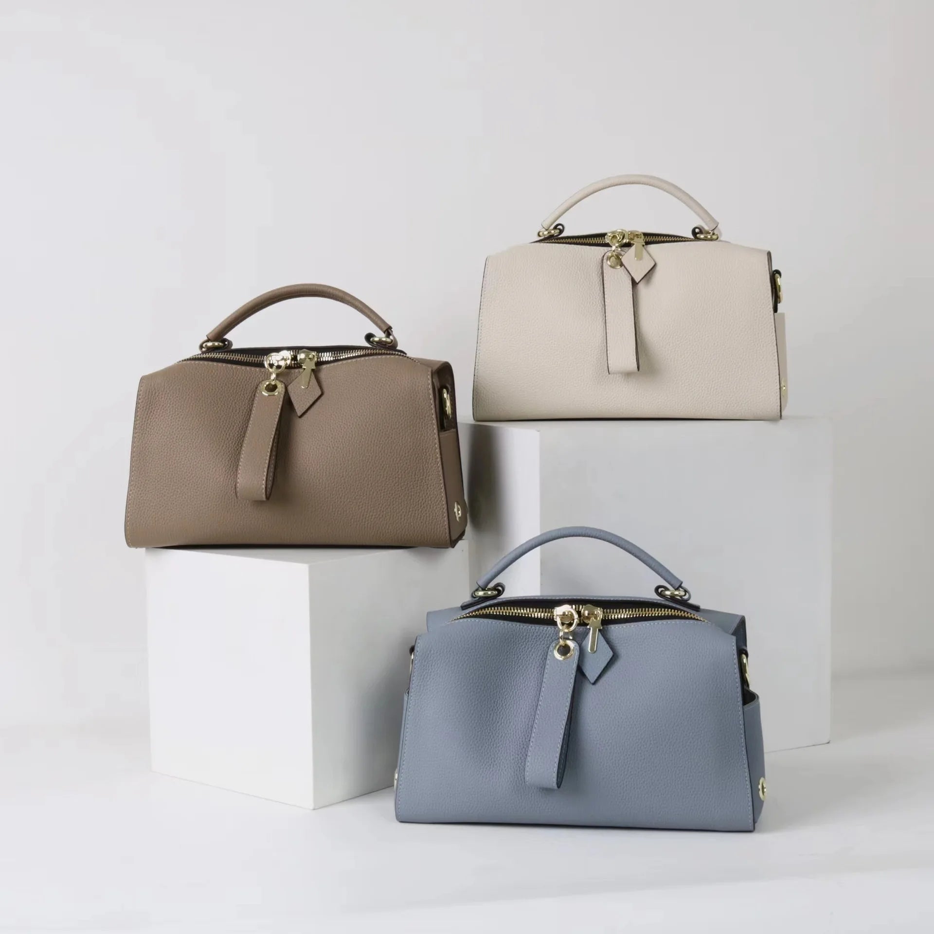 Beige Leather Bowling Tote