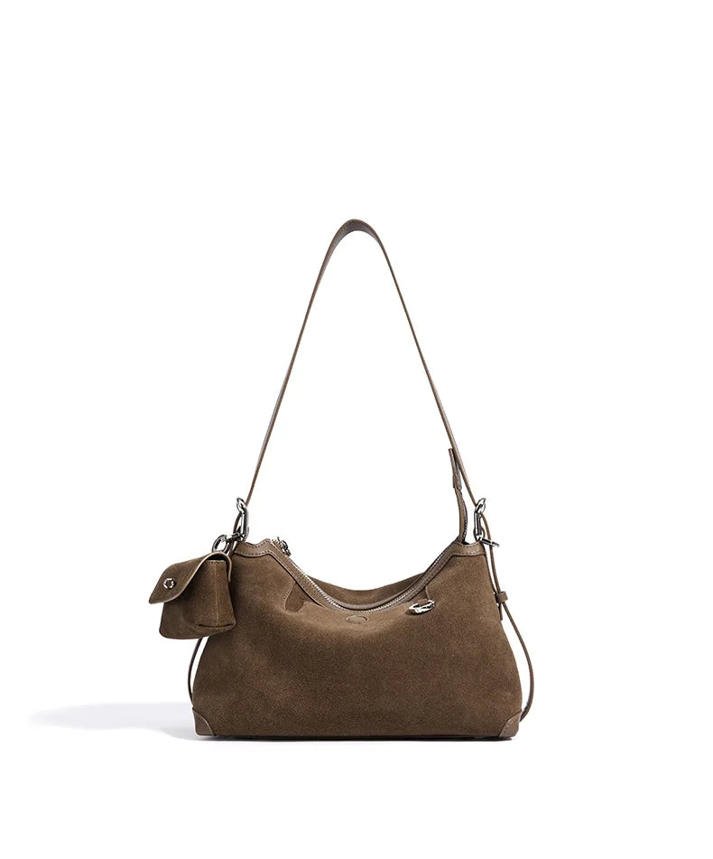 Baguette Crossbody with Keyring - Coffee Suede