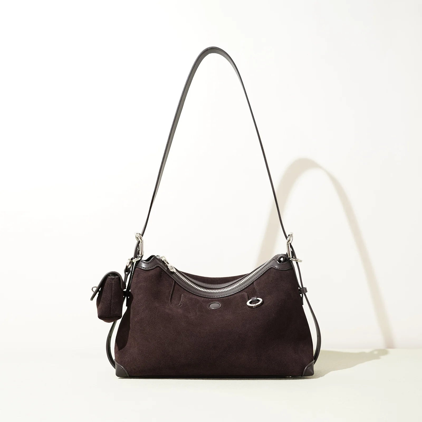 Baguette Crossbody with Keyring - Coffee Suede