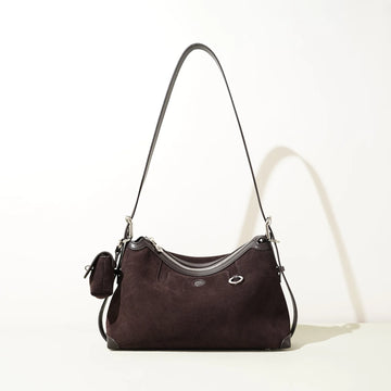 Baguette Crossbody with Keyring - Coffee Suede