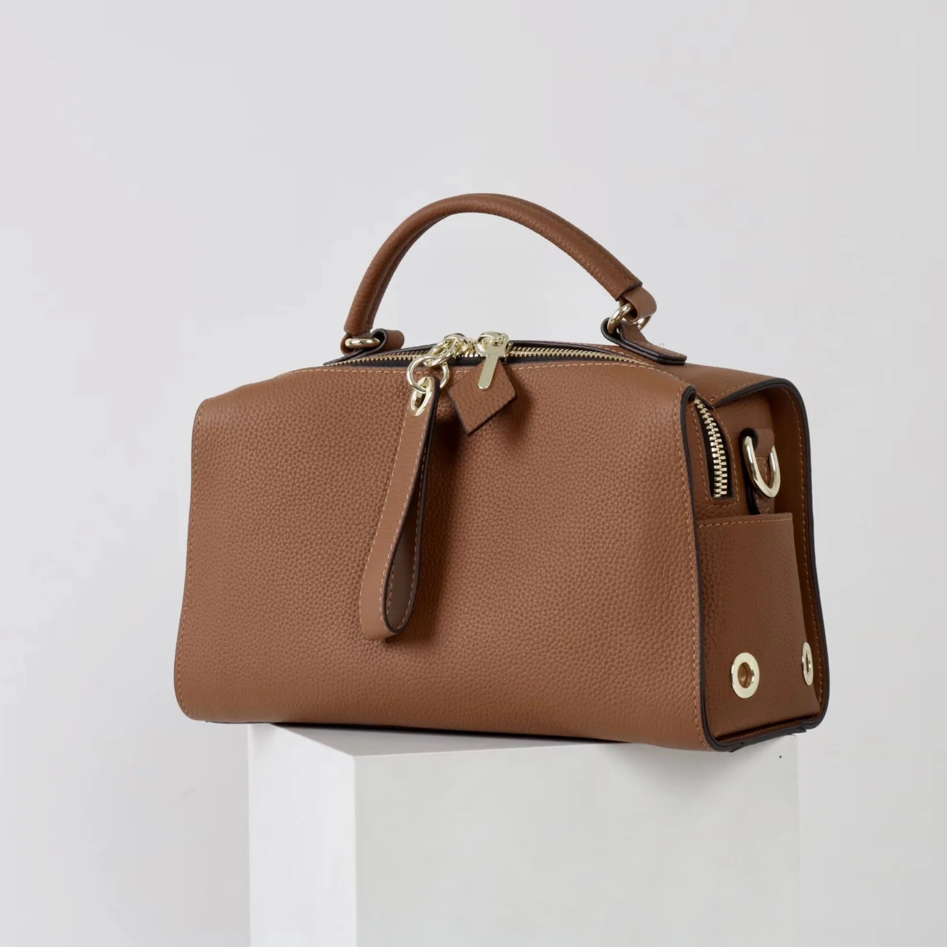 Beige Leather Bowling Tote