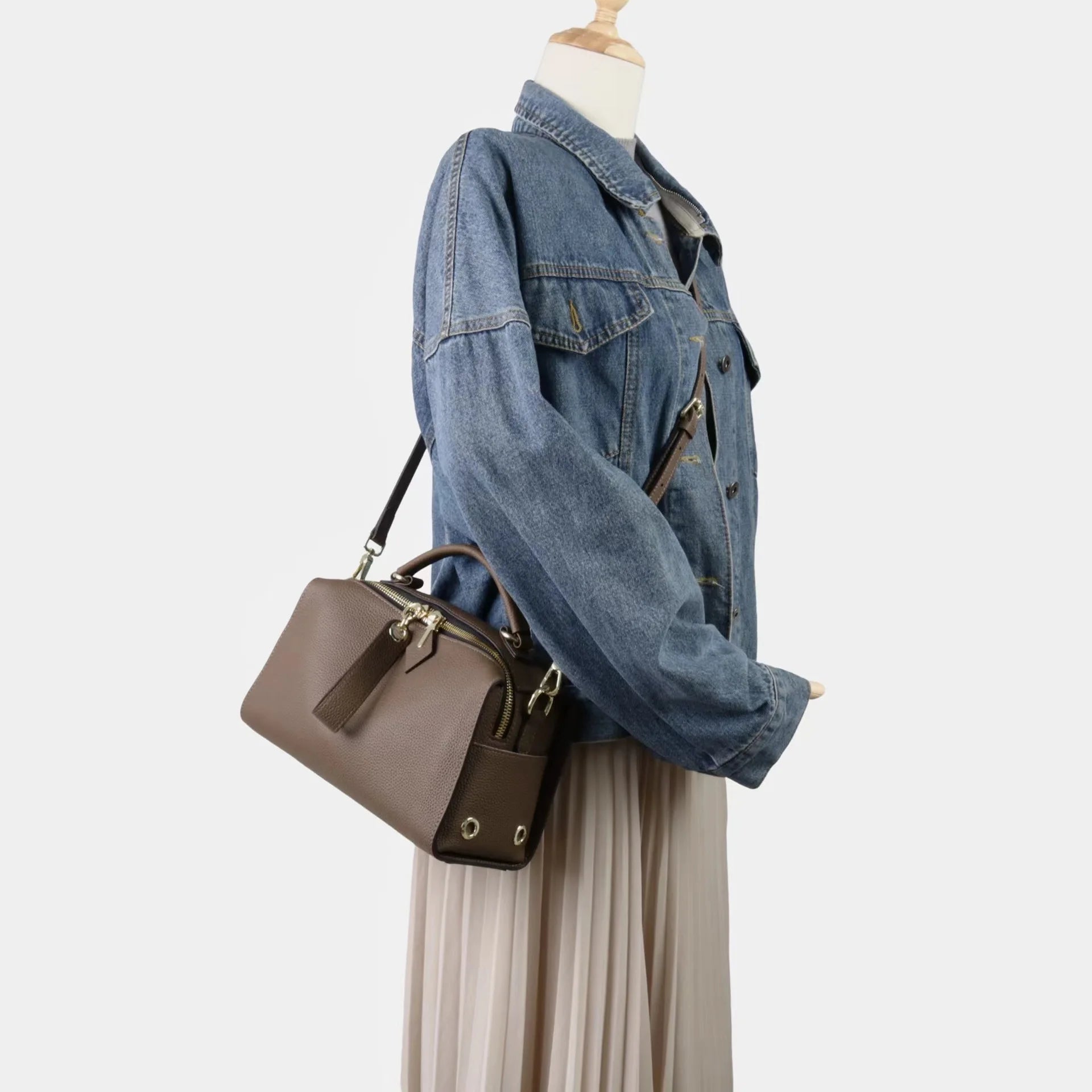 Beige Leather Bowling Tote