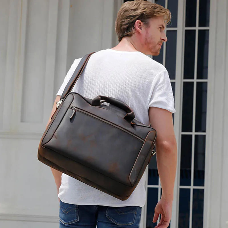 Men's 3-Way Leather Briefcase Backpack 15.6" Laptop Bag Multifunctional
